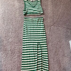 Green and Cream Striped Two-Piece Knit Set